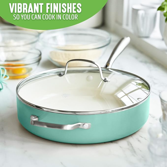 GreenLife Artisan Healthy Ceramic Nonstick, 5QT Saute Pan Jumbo Cooker with Helper Handle and Lid, Stainless Steel Handle, Induction, PFAS-Free, Dishwasher Safe, Oven Safe, Turquoise