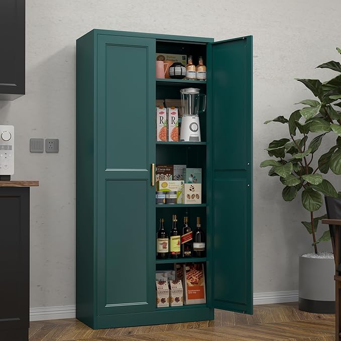 71" Tall Metal Storage Cabinet, Kitchen Pantry Storage Cabinets with Doors and 4 Shelves, Food Pantry Cabinet, Large Cupboard, Utility Steel Cabinets for Dining, Kitchen, Living Room, Green