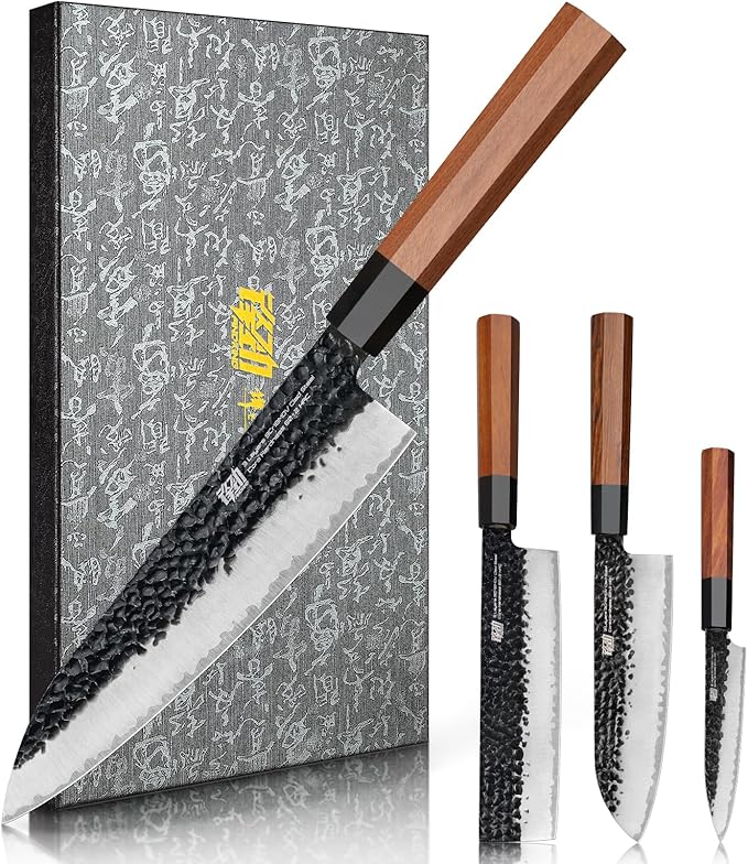 FINDKING Dynasty Series 4PCS Kitchen Knife Set, Professional Japanese Chef Knife Set, 9Cr18MoV High Carbon Steel Blade, African Rosewood Octagonal Handle, for Meat, Fruits, Vegetables