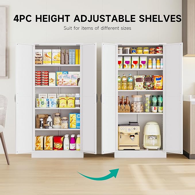 SISESOL 61" Tall Pantry Cabinet,Farmhouse Kitchen Pantry Storage Cabinets with 2 Doors and 5 Shelves,White Metal Storage Cabinet,Large Cupboard for Home,Kitchen,Dining/Living Room