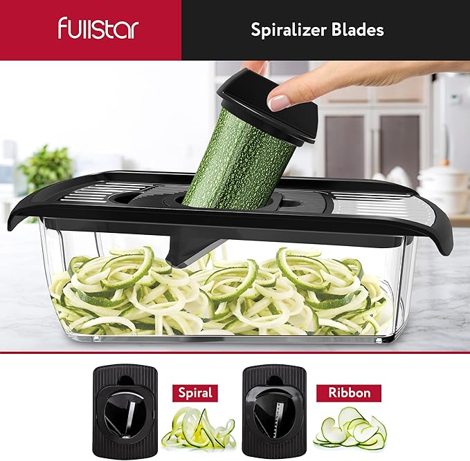 Fullstar Mandoline Slicer for Kitchen, Fruit Cutter, Cheese Grater, Cucumber Slicer, Veggie Spiralizer, Food Cutter & Kitchen Gadgets & Gifts with Safety Glove (11 in 1, Stainless Steel)
