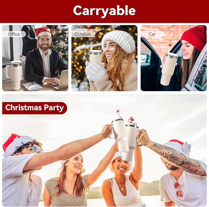 Straw Cover Cap for Stanley Cup 30 40 oz, Silicone Straw Toppers Christmas Hat, Tumbler Cup Accessories for 10mm 0.4in Straws Cute Christmas Ornaments Gifts for Women