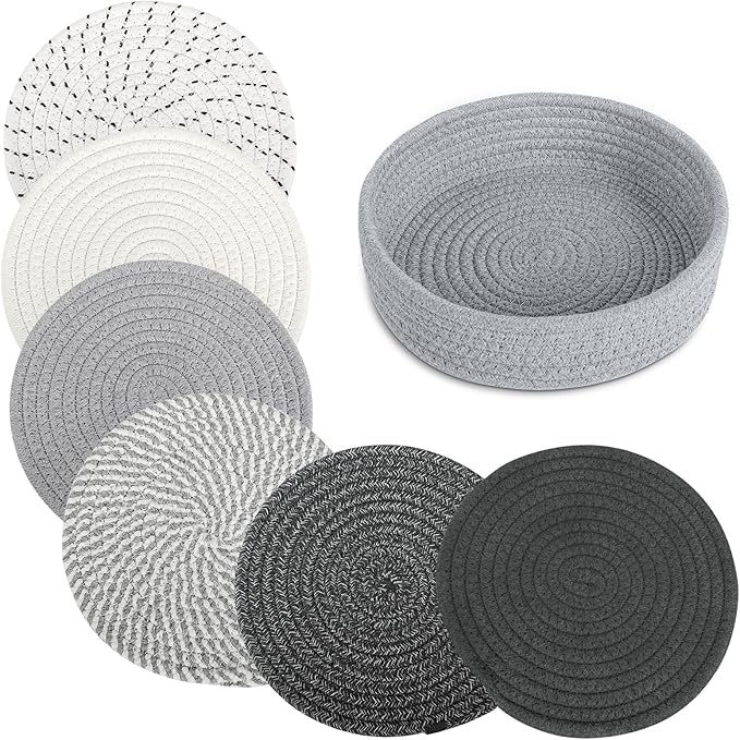 8" Trivets for Hot Dishes, Hot pots and Pans,6 Heat Resistant Hot Pads and Storage Basket 1 Pack,Pot Holders for Kitchen, Hot Plate Mats for Kitchen Countertops