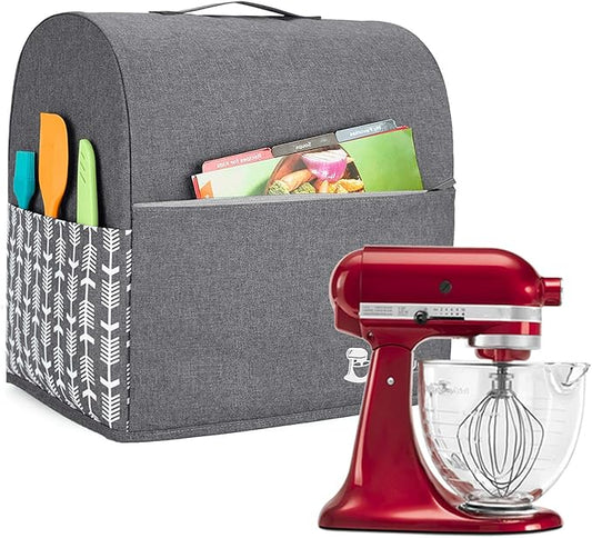 Yarwo Stand Mixer Cover Compatible with 4.5 qt and All 5 qt KitchenAid Mixer, Protective Dust Cover with Top Handle and Pockets for Accessories, Gray with Arrow