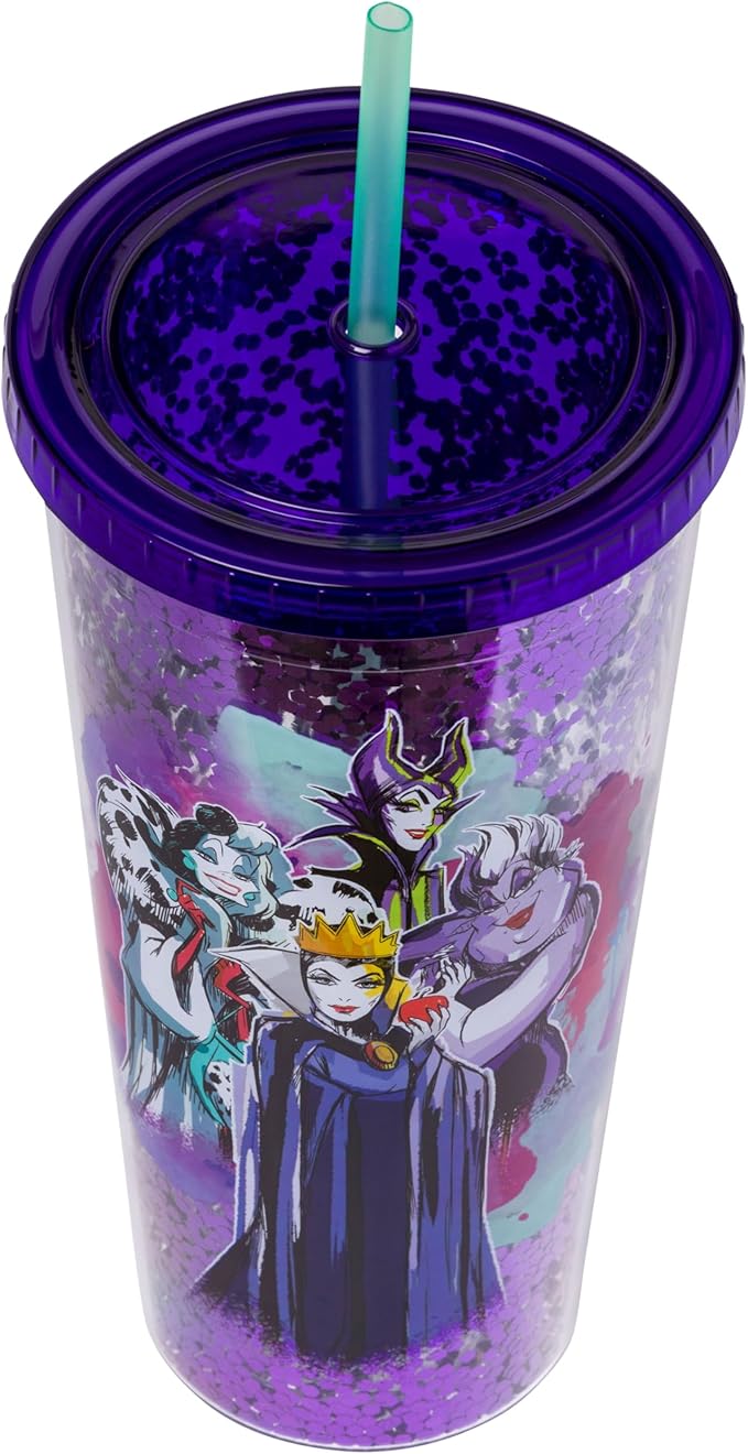 Silver Buffalo Disney Villains Confetti Cold Cup Featuring Cruella de Vil, Ursula, Evil Queen, and Maleficent, 32 Ounces