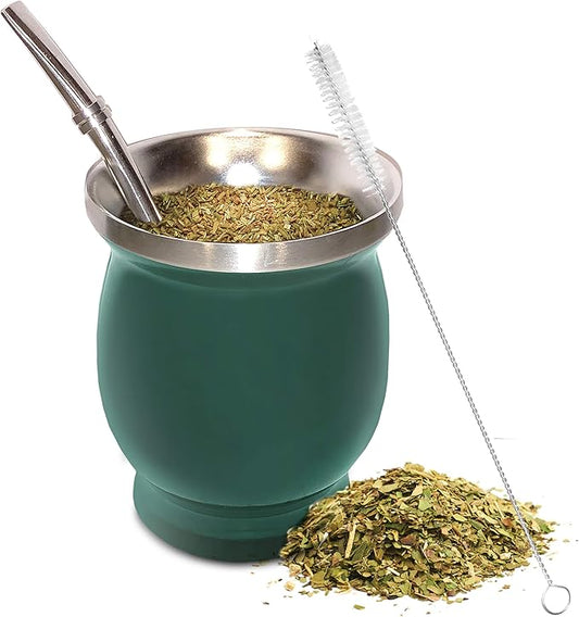 Norte Yerba Mate Cup Kit, 8-Ounces Traditional Mate Tea Cup/Gourd Set | Includes 2 Bombillas (Yerba Mate Straw) & Cleaning Brush, Stainless Steel Cup, Double-Walled, Easy to Clean | Green