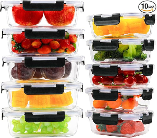 kakw10 Packs Glass Food Storage Containers,Glass Meal Prep Container for Lunch,can be used in the Microwave, Oven, Freezer and Dishwasher,with Upgraded Snap Locking Lids. (10 Packs)