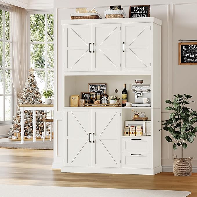 HOSTACK 76" Tall Kitchen Pantry Storage Cabinet, Farmhouse Kitchen Hutch Cabinet with Microwave Stand, 47" Wide Food Pantry with Drawers and Shelves, Large Coffee Bar Station for Dining Room, White