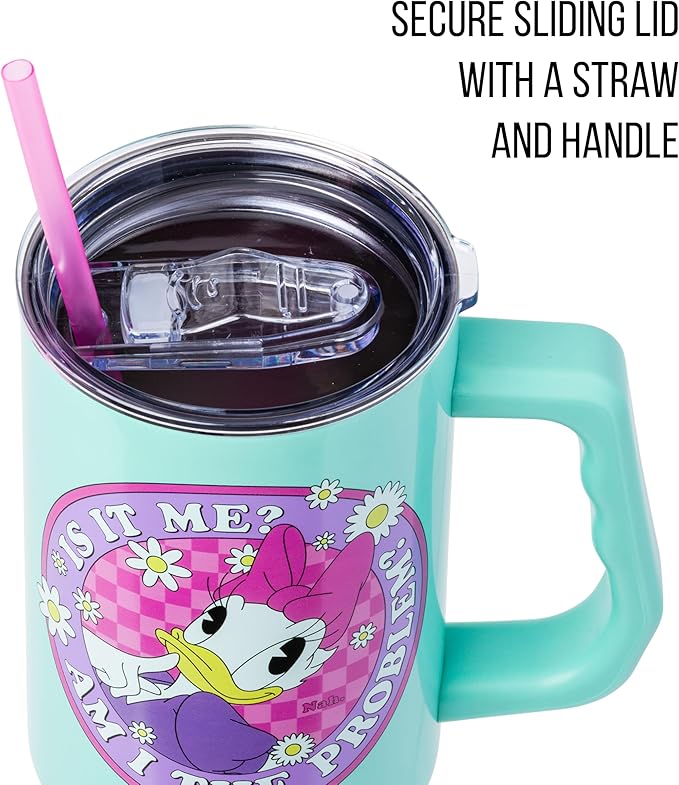 Silver Buffalo Disney Mickey and Friends Featuring Daisy Duck Is It Me? Am I The Problem? Stainless Steel Tumbler with Handle and Straw, Fits in Standard Cup Holder, 40 Ounces