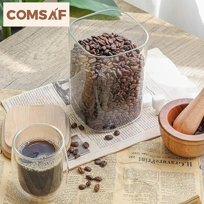 ComSaf Glass Food Storage Containers Set, 3 Pcs Airtight Clear Food Jars with Lids, Square Stackable Kitchen Canisters, Glass Jars For Spaghetti Pasta, Spice, Sugar, Candy, Tea, and Coffee Beans