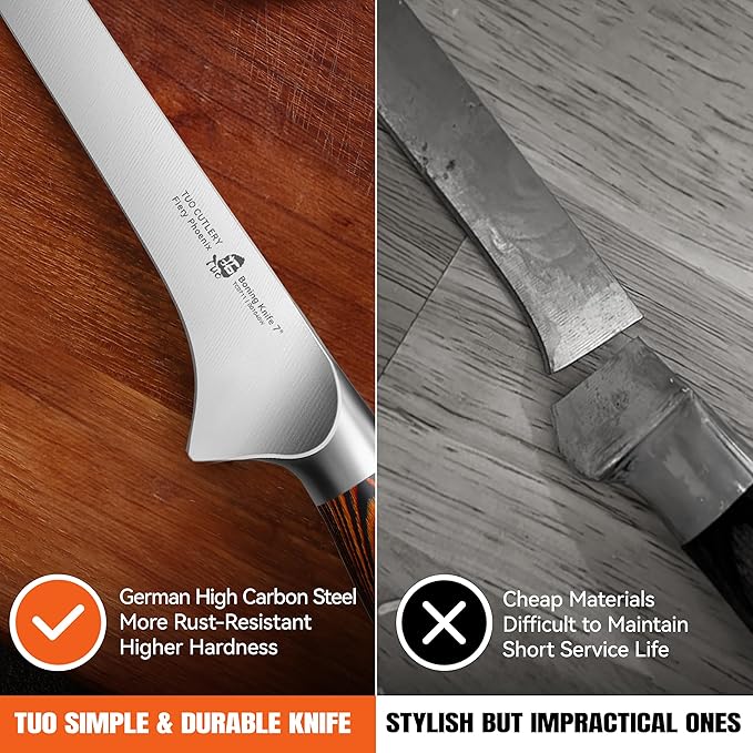TUO Boning Knife, 7 inch Sharp Fillet Knife for Trimming Meat with Bones, Woodgrain Pakkawood Handle, High Carbon German Steel, Gift Box Included