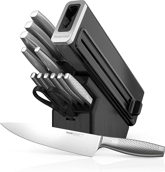 Ninja K62014 Foodi NeverDull Premium 14-Piece German Stainless Steel Knife System with Built-in Sharpener, Stainless Steel/Black