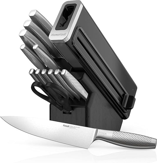 Ninja K62014 Foodi NeverDull Premium 14-Piece German Stainless Steel Knife System with Built-in Sharpener, Stainless Steel/Black