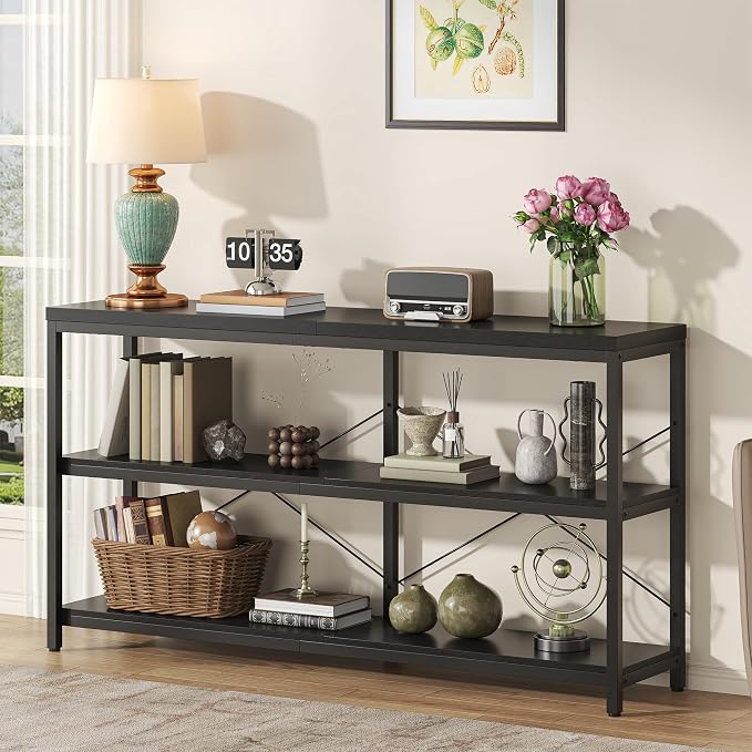 3-Tier Industrial Bookshelf, Wide Wood Horizontal Bookcase, Open Large Book by Semoic