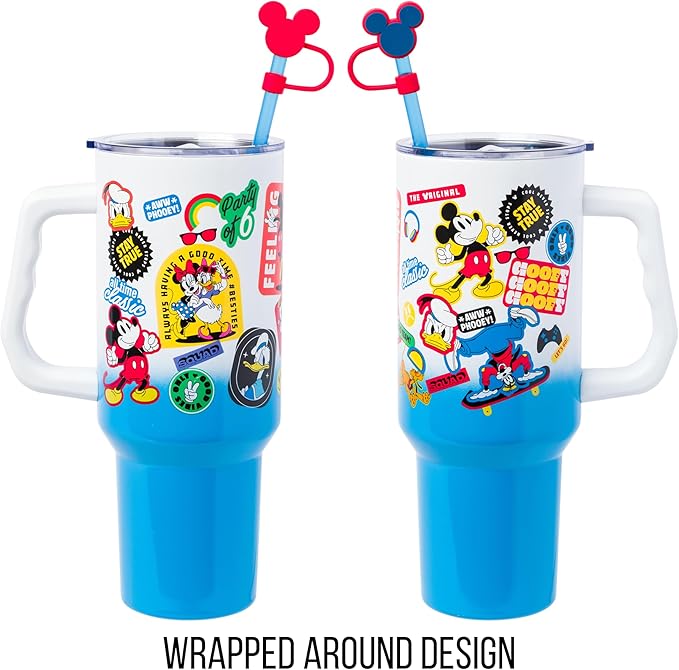 Silver Buffalo Disney Mickey and Friends Featuring Daisy, Donald Duck, Goofy, Pluto, Minnie Decals Stainless Steel Tumbler with Handle, Straw, and Straw Cap, Fits in Standard Cup Holder, 40 Ounces