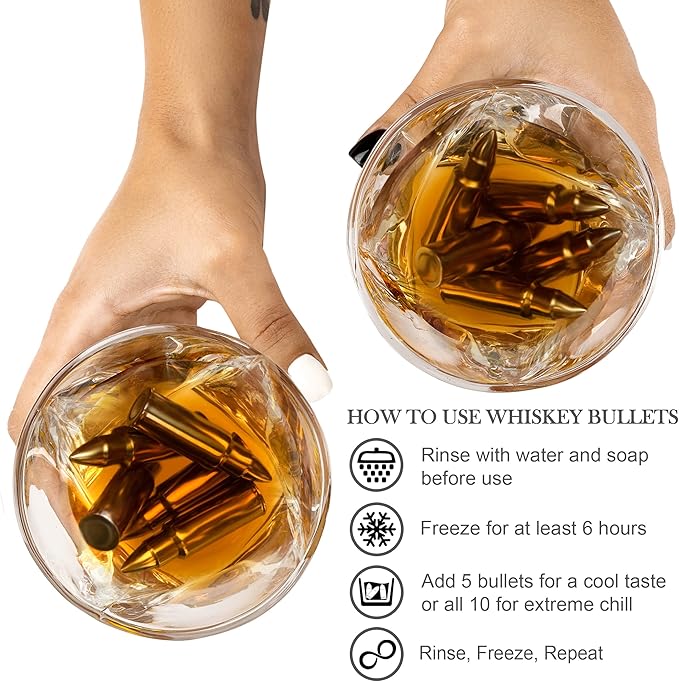 Whiskey Stones Gift Set for Men - 10 Chilling Stainless-Steel Whiskey Rocks - 11oz 2 Large Twisted Whiskey Glasses, Slate Coasters, Tongs - Premium Set in Pine Wood Box