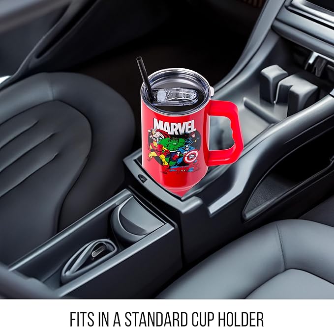 Silver Buffalo Marvel Avengers Stainless Steel Tumbler with Handle and Straw Featuring Captain America, Thor, Hulk, Iron Man, Black Widow, and Spiderman, Fits in Standard Cup Holder, 40 Ounces