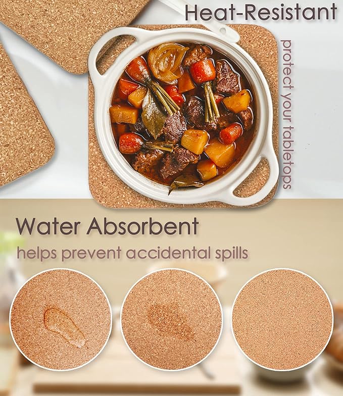 Cork Trivet, 6 Pcs High Density Thick Square Trivets for Hot Dishes, 8 Inch Heat Resistant Multifunctional Coaster, Hot Pads for Table & Countertop