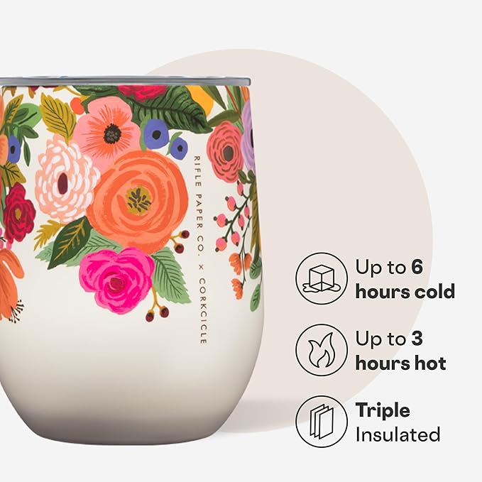 Corkcicle Stemless Insulated Wine Glass Tumbler - Keeps Beverages Cold 6 Hrs Hot 3 Hrs - Stainless Steel - Easy-Grip - Summer Drinkware Gift - Keeps Drinks Ice Cold - 12 oz - Garden Party
