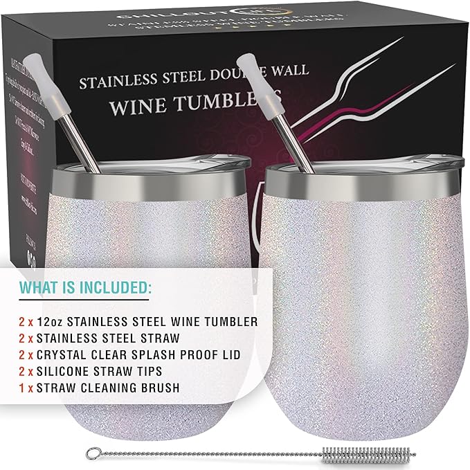 CHILLOUT LIFE 12 oz Stainless Steel Wine Tumblers 2 Pack - Double Wall Vacuum Insulated Wine Glasses Cups with Lids and Straws Set Keeping Cold & Hot for Coffee, Beer, Ice Cream - Holographic Glitter