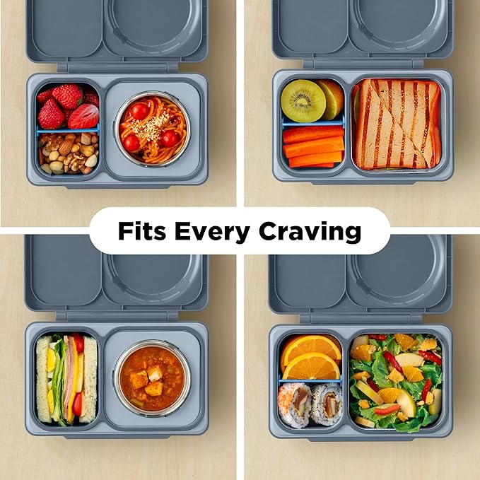 Omie OmieBox UP bento Box for Kids | Insulated Lunch Box | Leak Proof Vacuum Insulated Thermal Food jar | Cooler ice Pack | 2 Compartments (Graphite)