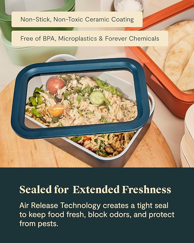 Caraway 6pc Glass Food Storage Set – 6.6 Cup Food Containers (6) - Ceramic Coated - Non Toxic, Non Stick with Lids - Microwave Safe - Mist