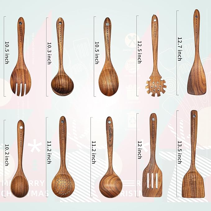 Christmas Wooden Spoons for Cooking,10 Pcs Natural Teak Wooden Kitchen Utensils Set Wooden Cooking for Xmas Kitchen Supplies(10 PCS Xmas Gift)