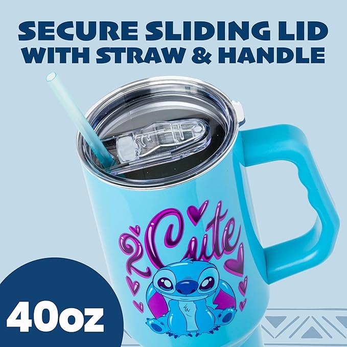 Silver Buffalo Disney Lilo and Stitch “2 Cute” Stainless Steel Tumbler with Handle, Fits in Standard Cup Holder, 40 Ounces