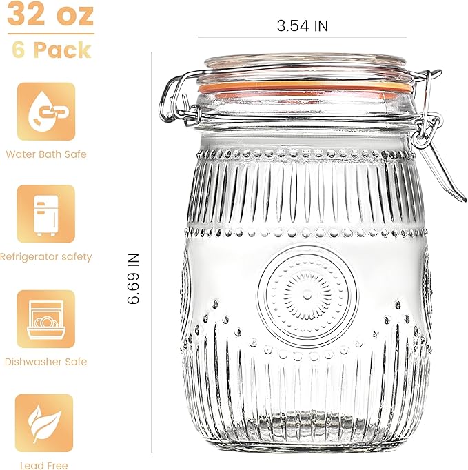 Amzcku Wide Mouth Vintage Mason Jars with Airtight Lid 32oz, Canister Quart Jars for Kitchen Storage - for Coffee, Sugar, Beans 6 Pack