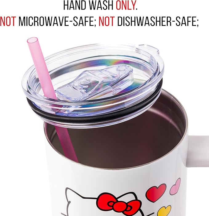 Silver Buffalo Sanrio Hello Kitty Name and Hearts Stainless Steel Tumbler with Handle and Straw, Fits in Standard Cup Holder, 40 Ounces
