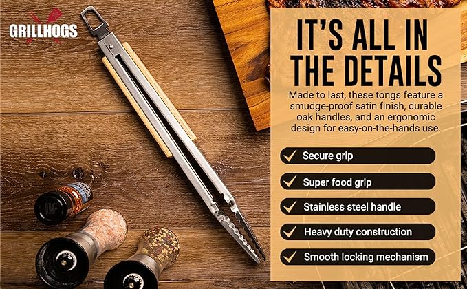 12" Tongs 18/0 Stainless Steel BBQ Grill Tongs with Ergonomic Real Oak Wood Handle for Cooking - Durable Grilling Accessory, Tongs for Cooking & Kitchen, Outdoor Barbecue, Easy to Clean