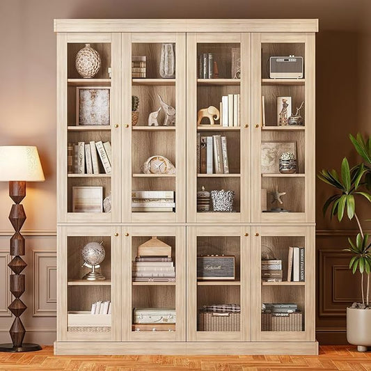 70.8" Bookshelf with Glass Doors, Farmhouse Modular Bookcase with 6-Tier Adjustable Shelves, Large Storage Cabinet for Living Room & Home Office, Set of 2, Brown