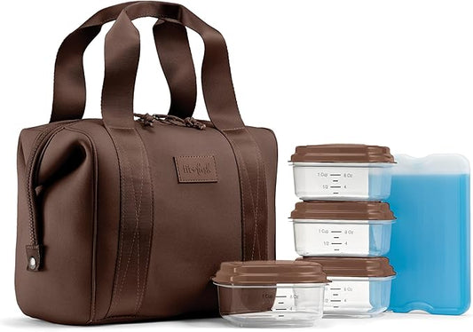 Fit & Fresh Remi Neoprene Lunch Bag For Women - Meal Prep Kit with Containers & XL Ice Pack, Self Insulating Neoprene-like Material, Machine Washable Lunch Bag, Tear & Stain-Resistant, Chocolate