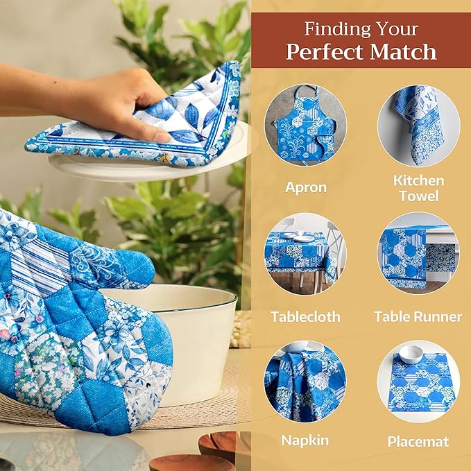 Maison d' Hermine Pot Holders 100% Cotton Heat Resistant Potholders 8" x 8" Hot Pads with Loop BBQ, Cooking, Baking, Grilling, Kitchen, Handling Hot Pans Spring/Summer (Pack of 1, Summer Blues)