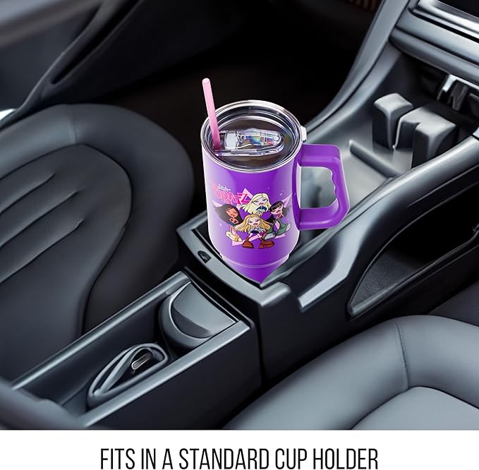 Silver Buffalo Bratz Featuring Cloe, Yasmin, Jade, and Sasha Stainless Steel Tumbler with Handle and Straw, Fits in Standard Cup Holder, 40 Ounces