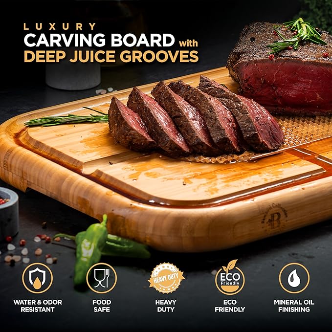 Turkey Platter for Thanksgiving - 18x12 Reversible Bamboo Carving Cutting Board for BBQ or Grilling - Heavy Duty Butcher Block with Deep Juice Groove, Spikes, Grid Grip - Large Kitchen Christmas Gift