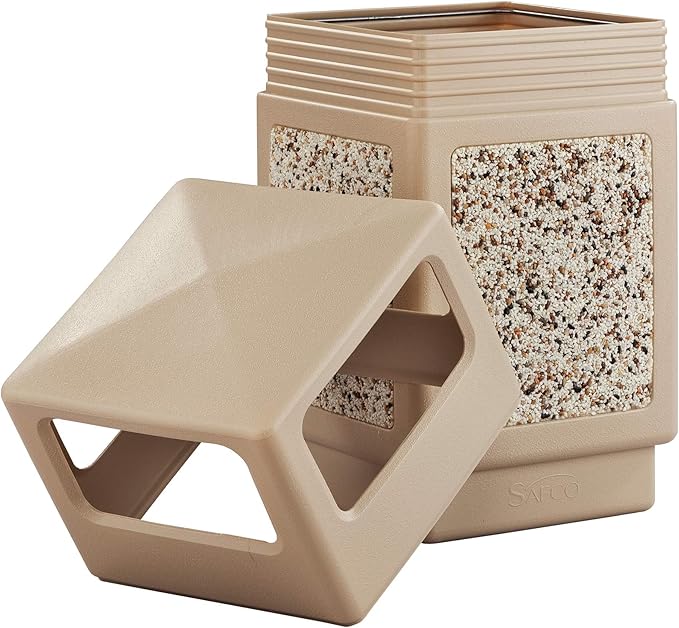 Safco Canmeleon Trash Can, 38 Gallons, Indoor and Outdoor Use, Durable & Weather-Resistant Commercial Garbage Can with Stone Panels, Tan