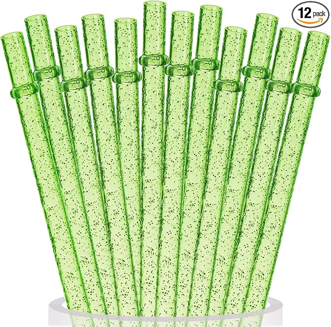 ALINK 12PCS Reusable Clear Green Glitter Straws, 11" Long Hard Plastic Tumbler Drinking Straws with Cleaning Brush