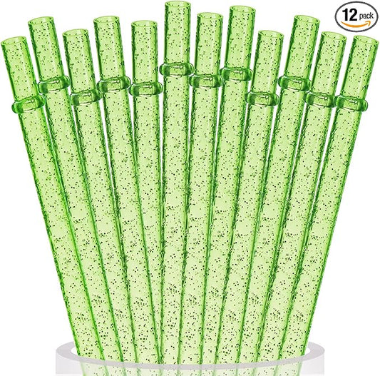 ALINK 12PCS Reusable Clear Green Glitter Straws, 11" Long Hard Plastic Tumbler Drinking Straws with Cleaning Brush