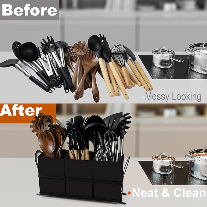 Large Utensil Caddy, Drainage Utensil Holder for Kitchen Counter, 3pcs Bins Set Cooking Utensil Organizer for Spoons, Spatulas, Black