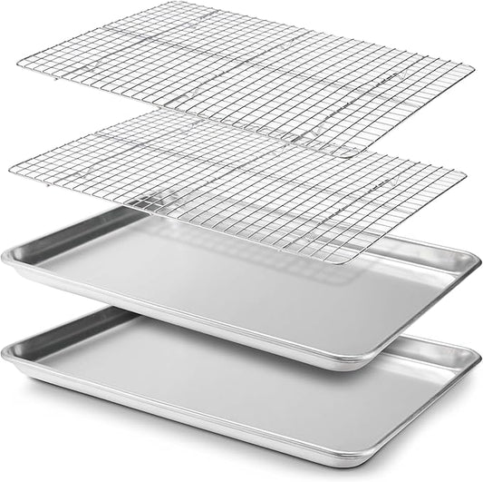 Checkered Chef Baking Sheet, 2 Pack Half Sheet Pan with Stainless Steel Wire Rack Set - Easy Clean Cookie Sheets for Baking