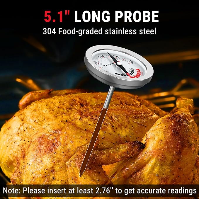 ThermoPro APT200 Meat Thermometer for Cooking with Extra-Large 2-Inch Dial, Analog Dial Food Cooking Thermometer with 5.1" Stainless Steel Probe for Poultry, Ham, Pork, Beef Candy Making Accessory
