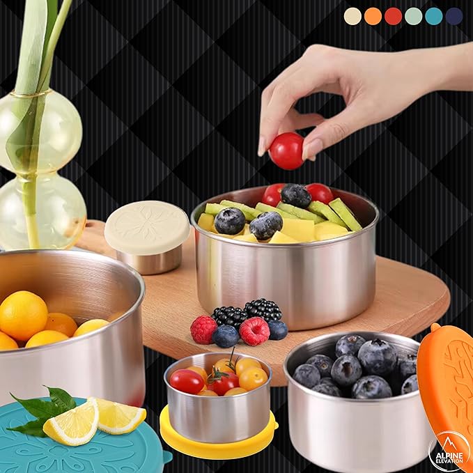 12 Pcs - 6 Stainless Steel Containers + 6 Silicone Lids | 304 Stainless Steel Snack Container | Nesting Snack and Dip Containers | Metal Food Storage