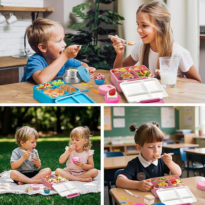 Bento Lunch Box with 9.5 oz Soup Thermo, Kids Leakproof 4 Compartments Bento Box with Silicone Cupcake,Fruit Fork,Spoon and Sauce Cup,Insulated Food Jar for School Travel-Rainbow Horse