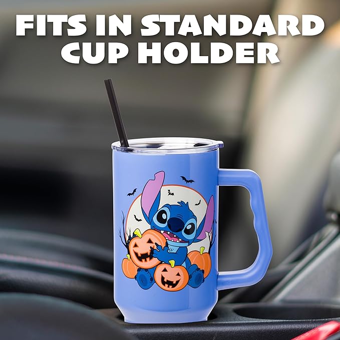 Silver Buffalo Disney Lilo and Stitch Halloween Spooky Pumpkin Jack-O-Lantern Stainless Steel Tumbler with Handle and Straw, Fits in Standard Cup Holder, 40 Ounces
