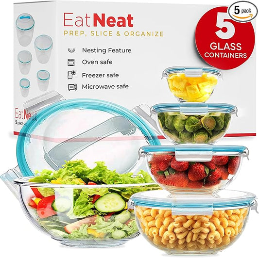 EatNeat 5‑Piece Glass Food Storage Bowl Set with Locking Lids – Airtight, Nesting, Stackable Bowls – Oven, Microwave Safe – Great Gift for Meal Prep, Salads, Leftovers, Baking & Cooking