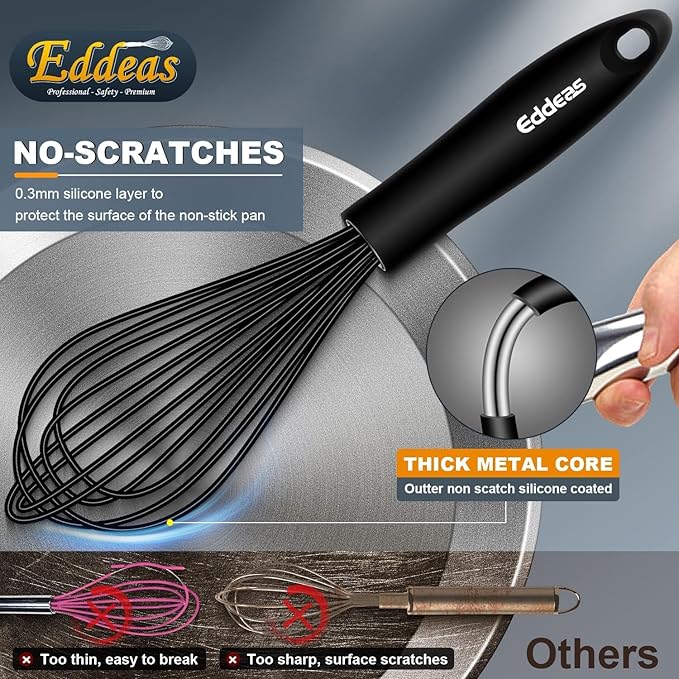 Silicone Whisk, Eddeas Stainless Steel & Silicone Non-Stick Coated Whisks set of 3-Heat Resistant Kitchen Whisks, Balloon Egg Beater Perfect for Blending, Whisking, Beating & Stirring, Black
