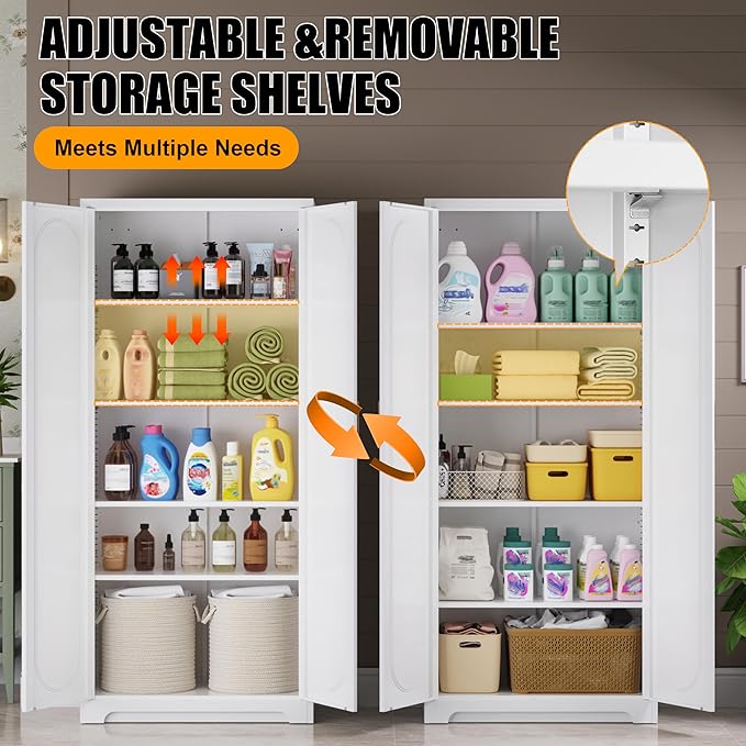 Metal Storage Cabinet with 4 Adjustable Shelves, 71" Tall Kitchen Pantry Cabinet with Doors, White Pantry Cabinets, Utility Large Cupboard, Storage Cabinets for Kitchen, Living Room, Dining