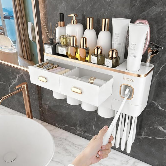 iHave Toothbrush Holders for Bathrooms - Upgrade Wall Mounted Toothbrush Holder with Toothpaste Dispenser - 4 Cups