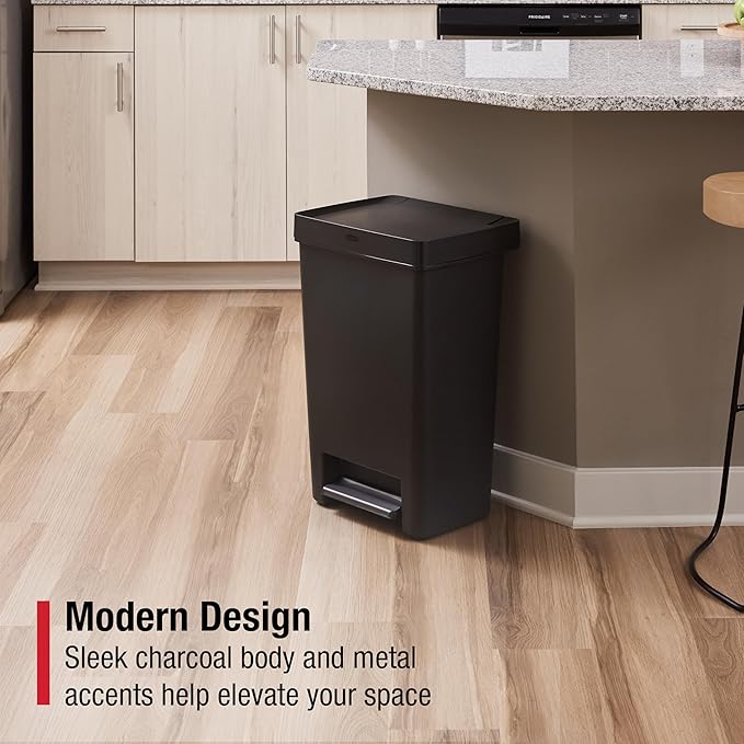 Rubbermaid Premier Series II Step-On Trash Can for Home and Kitchen, with Lid Lock and Slow Close, 12.4 Gallon, Charcoal, for Home/Kitchen/Garage/Apartment/Office